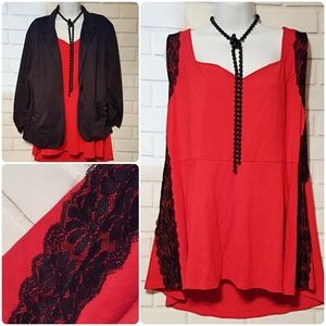 NWT Torrid Red with Black Lace Peplum Top